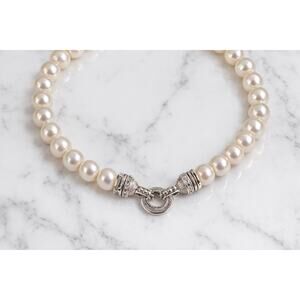 Judith Ripka 8mm White Pearl Magnetic Clasp 925 Sterling Silver Necklace 17"